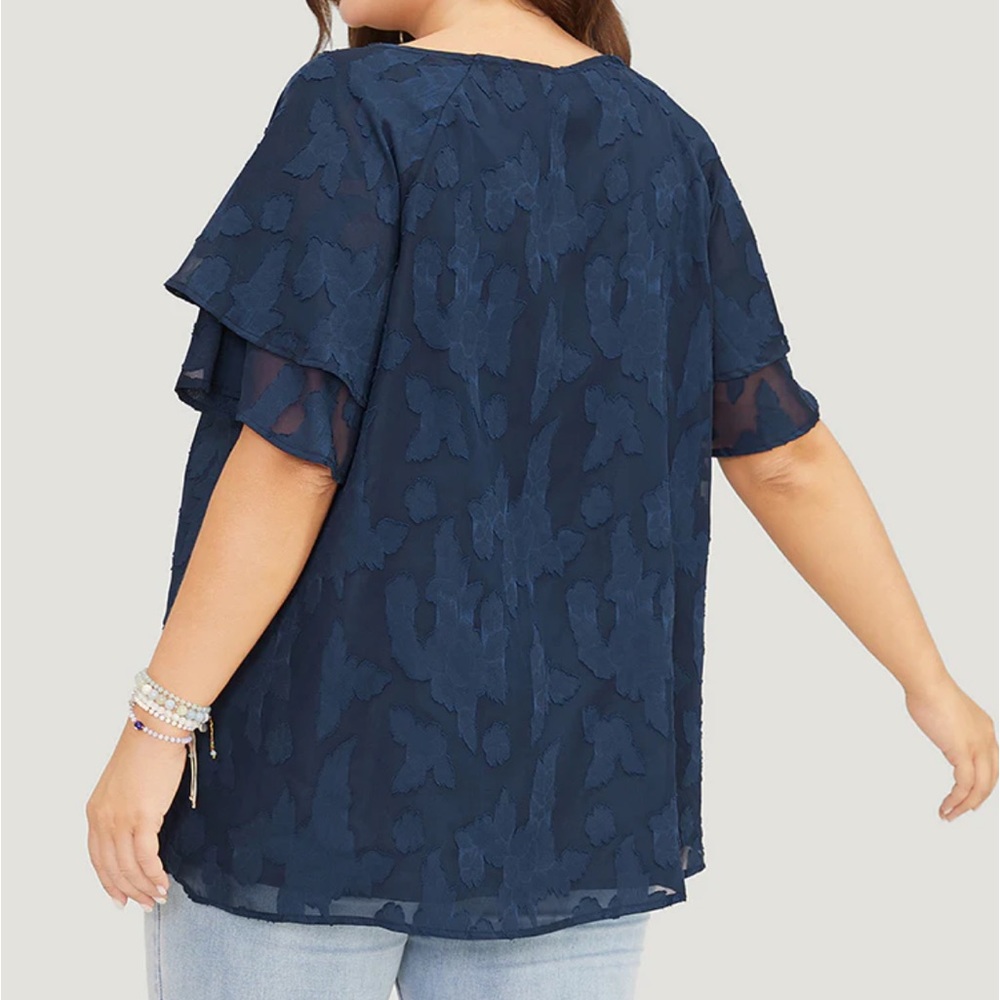 BloomChic Blue Floral Sheer Overlay Double Ruffle Sleeve Top Size Large 12 - Picture 2 of 9